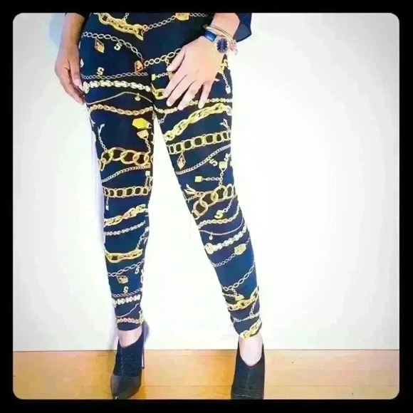 FASHION NOVA LEGGINGS BLACK GOLD MONOGRAM SIZE  SMALL - Picture 2 of 4